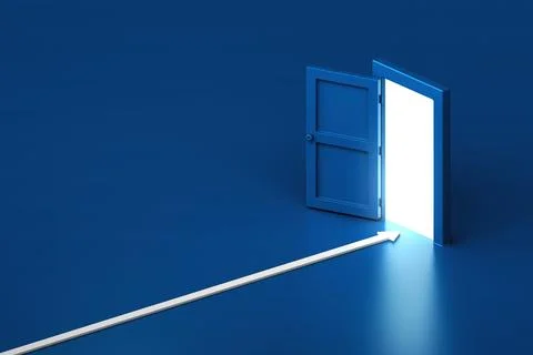 3D white arrow moving through open door with bright glowing light in isomet.. Stock Illustration