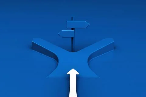 3D white arrow reaching two way fork road with signpost in isometric view. .. Ilustración de archivo