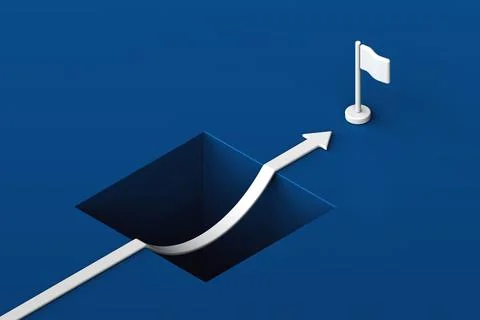 3D white arrow vaulting over deep hole pit towards target flag in isometric.. Stock Illustration