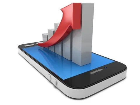 3d white bar graph with red arrow on smartphone Stock Illustration