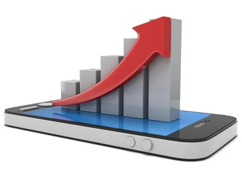 3d white bar graph with red arrow on smartphone Stock Illustration