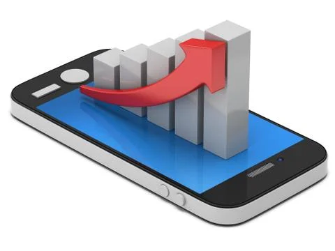 3d white bar graph with red arrow on smartphone Stock Illustration