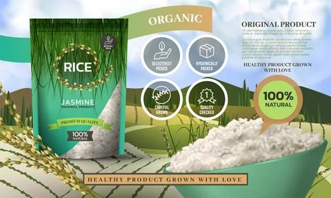 3D white basmati rice. Full paddy bowl. Healthy fresh cooked harvest in hand Illustrazione stock