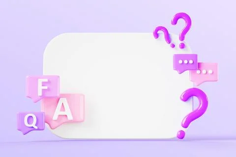 3d white blank poster with faq speech bubbles render icon. Social media question Stock Illustration