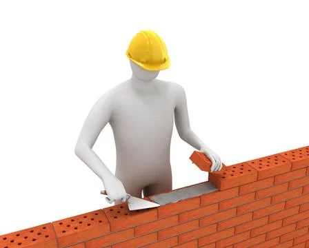 3D white builder lays bricks 3D white builder lays bricks isolated on whit... Stock Photos