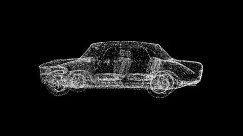 3D white car on black background. Object consisting of flickering particles.. Illustrazione stock