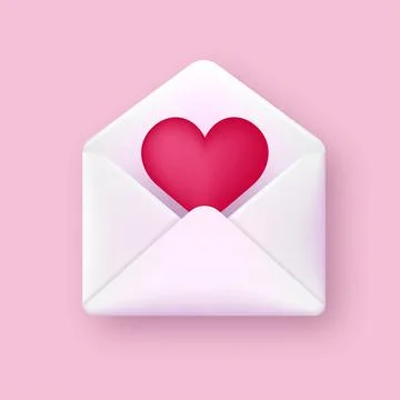 3d white cartoon style envelope with red heart. Vector Stock Illustration