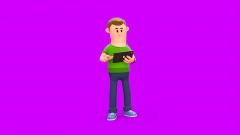 3D White Cartoon Young Man Using Tablet Swiping Video stock 266302353
