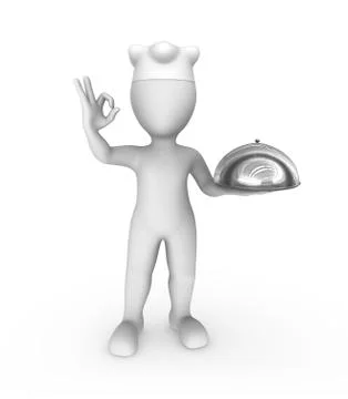 3d white chef with tray in hand shows ok gesture isolated on white background Stockillustratie