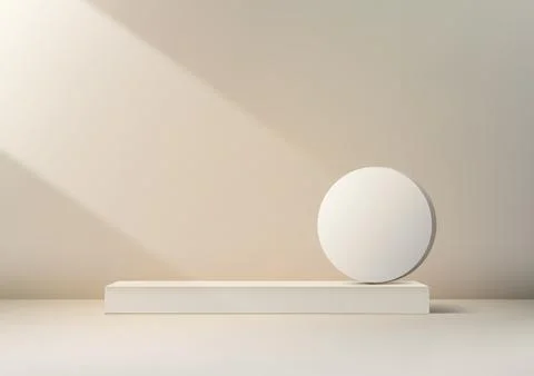 3D white circle sits on a beige shelf podium against a beige background Illustrazione stock