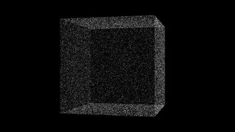 3D white cube on black backdrop. Object consisting of flickering particles... Illustrazione stock