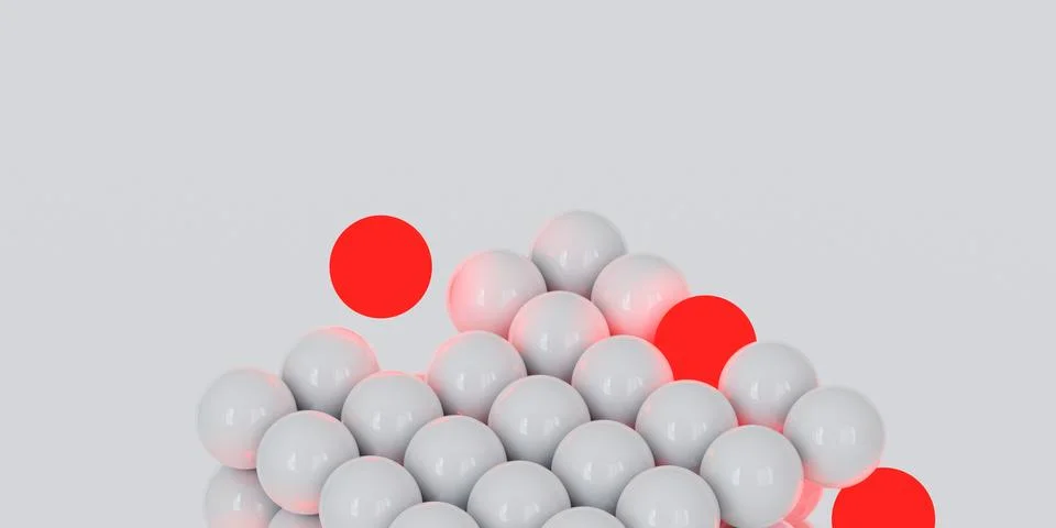 3d white cube with glowing red spheres. Abstract primitive shapes on white ba Stock Illustration