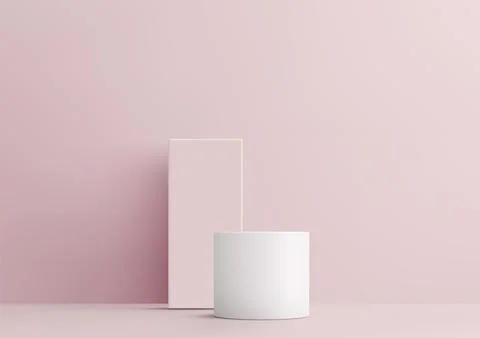 3D white cylinder podium with rectangle board sits on a soft pink wall back.. Stock Illustration