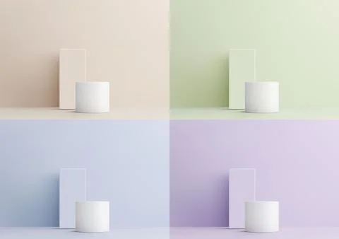 3D white cylinder podium with rectangle board sits on a soft pastel wall ba.. Stock Illustration