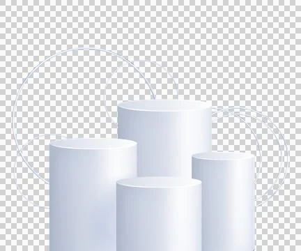 3D white cylinders with blue circles on white background for graphic design.. Stock Illustration