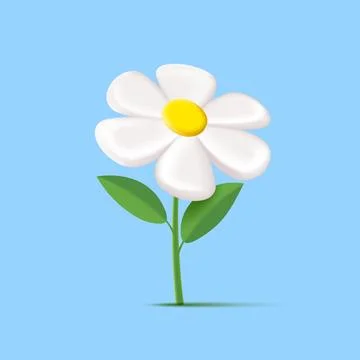 3d white daisy or chamomille flower with leaves on blue backdrop Illustrazione stock