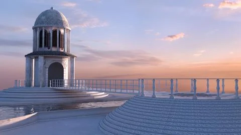 3D White Dome Pavilion on Elevated Platform at Sunset Stock Illustration