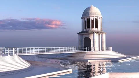 3D White Dome Pavilion on Elevated Platform at Sunset 스톡 일러스트
