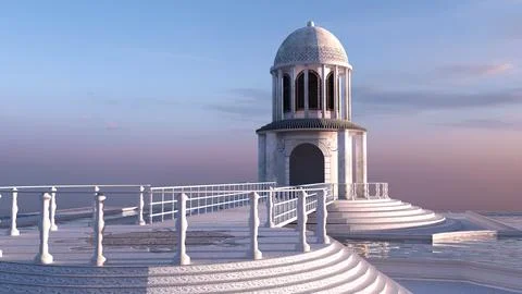 3D White Dome Pavilion on Elevated Platform at Sunset Stock Illustration