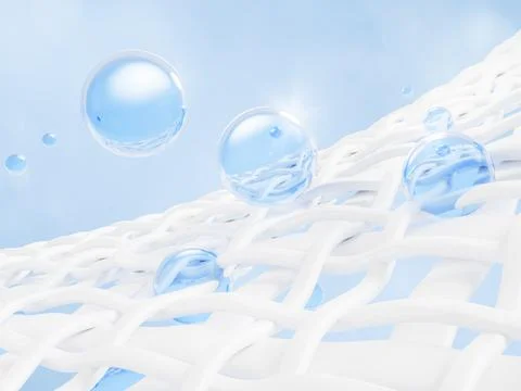 3d white fabric texture with blue gel liquid laundry detergent drops. Fiber イラスト素材
