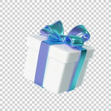 3D white Gift Box with a shiny blue and purple ribbon and bow Stock Illustration