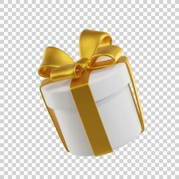 3D White Gift Round Box with a Gold Ribbon and Bow Stock Illustration