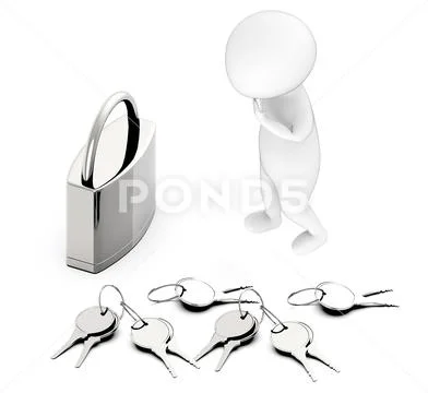 3d white guy , hands on head , worry , stressed -pad lock and keys on ground Stock Illustration