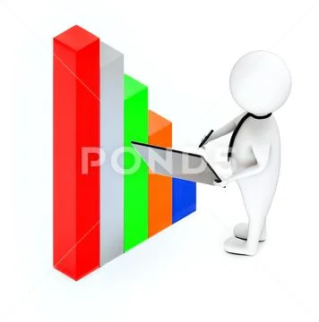 3d white guy , neck tie holding a tablet and a pen -bar graph Stock Illustration