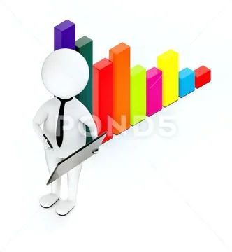 3d white guy , neck tie holding a tablet and a pen -bar graph Stock Illustration