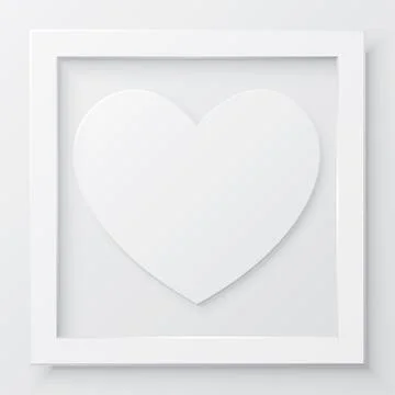 3D white heart in white square frame paper cut style on white background Stock Illustration