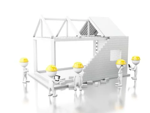 3d White house under construction with builders Stock Illustration