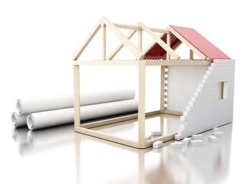 3d White house under construction rolls of architecture blueprints 库存插图