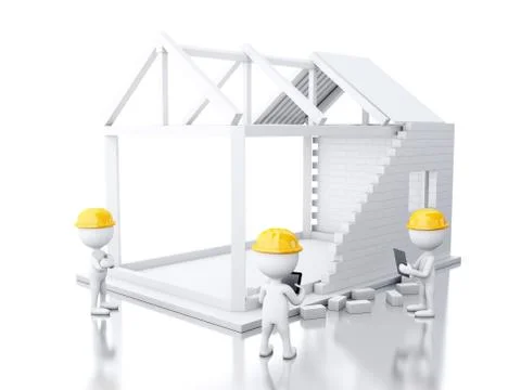 3d White house under construction with builders 스톡 일러스트