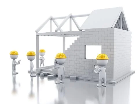 3d White house under construction with builders Illustrazione stock