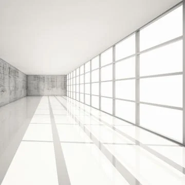 3d white interior with bright windows and concrete walls Stock Illustration