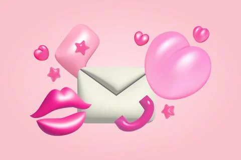 3d white mail envelope with pink hearts, lips, star, bubble speech, phone Illustrazione stock
