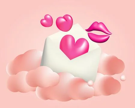 3d white mail envelope with pink hearts and lips vector illustration. Illustrazione stock