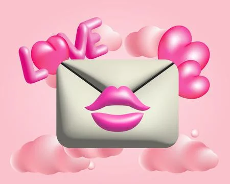 3d white mail envelope with pink hearts and lips vector illustration. Illustrazione stock