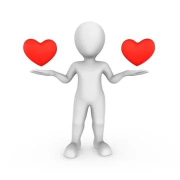 3d white man with 2 hearts isolated on white background. Choice concept. Stock Illustration