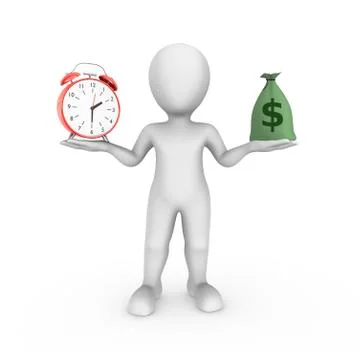 3d white man with alarm clock and money bag . Choice concept. Stock Illustration