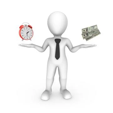 3d white man with alarm clock and money bag . Stock Illustration