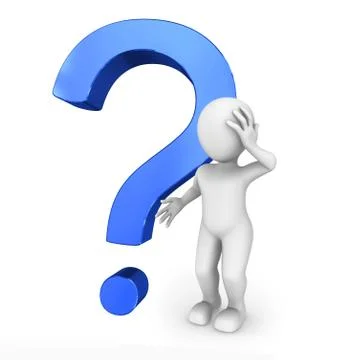 3d white man with big blue question mark isolated on white background. Stock Illustration