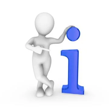 3d white man with big blue info symbol isolated on white background Stock Illustration