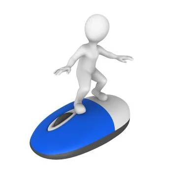 3d white man on big blue pc mouse isolated on white background Stock Illustration