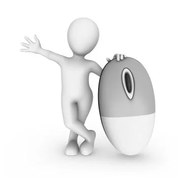 3d white man on big pc mouse isolated on white background Stock Illustration