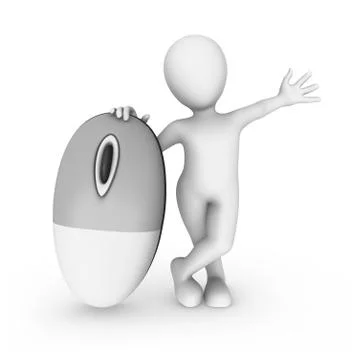 3d white man on big pc mouse, welcome gesrure Stock Illustration