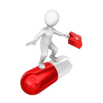 3d white man on big red pill isolated on white background. Illustrazione stock