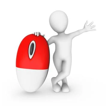 3d white man on big red pc mouse, welcome gesture Stock Illustration