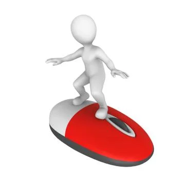 3d white man on big red pc mouse. 3d rendered illustration with small people. Stock Illustration