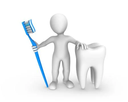 3d white man with big tooth and toothbrush with toothpaste Stock Illustration